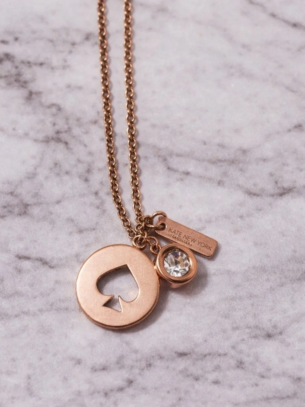 kate spade rose gold spade cutout pendant necklace with crystal charm
